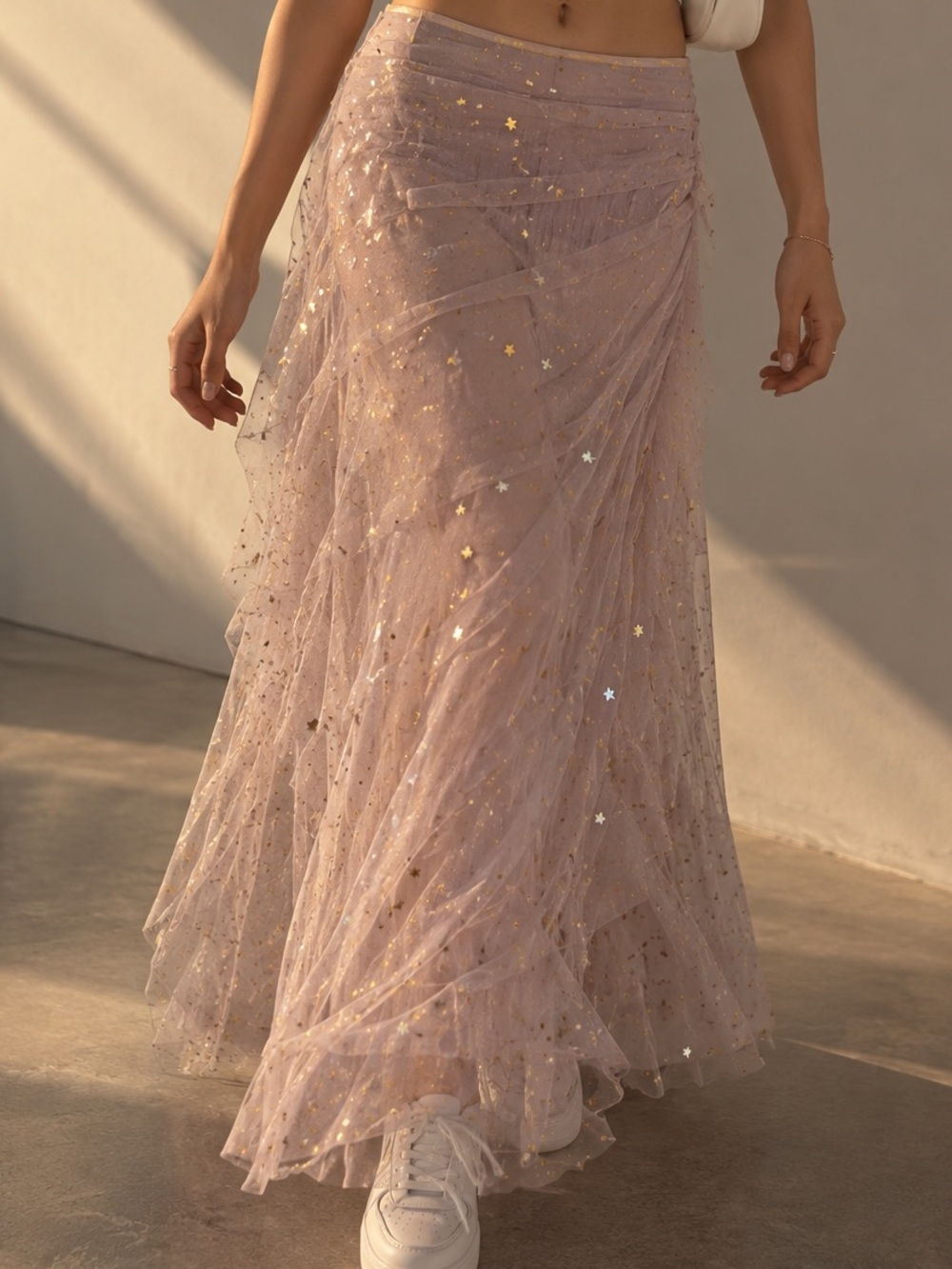 Sheer Star-Embellished Maxi Skirt in Light Lilac